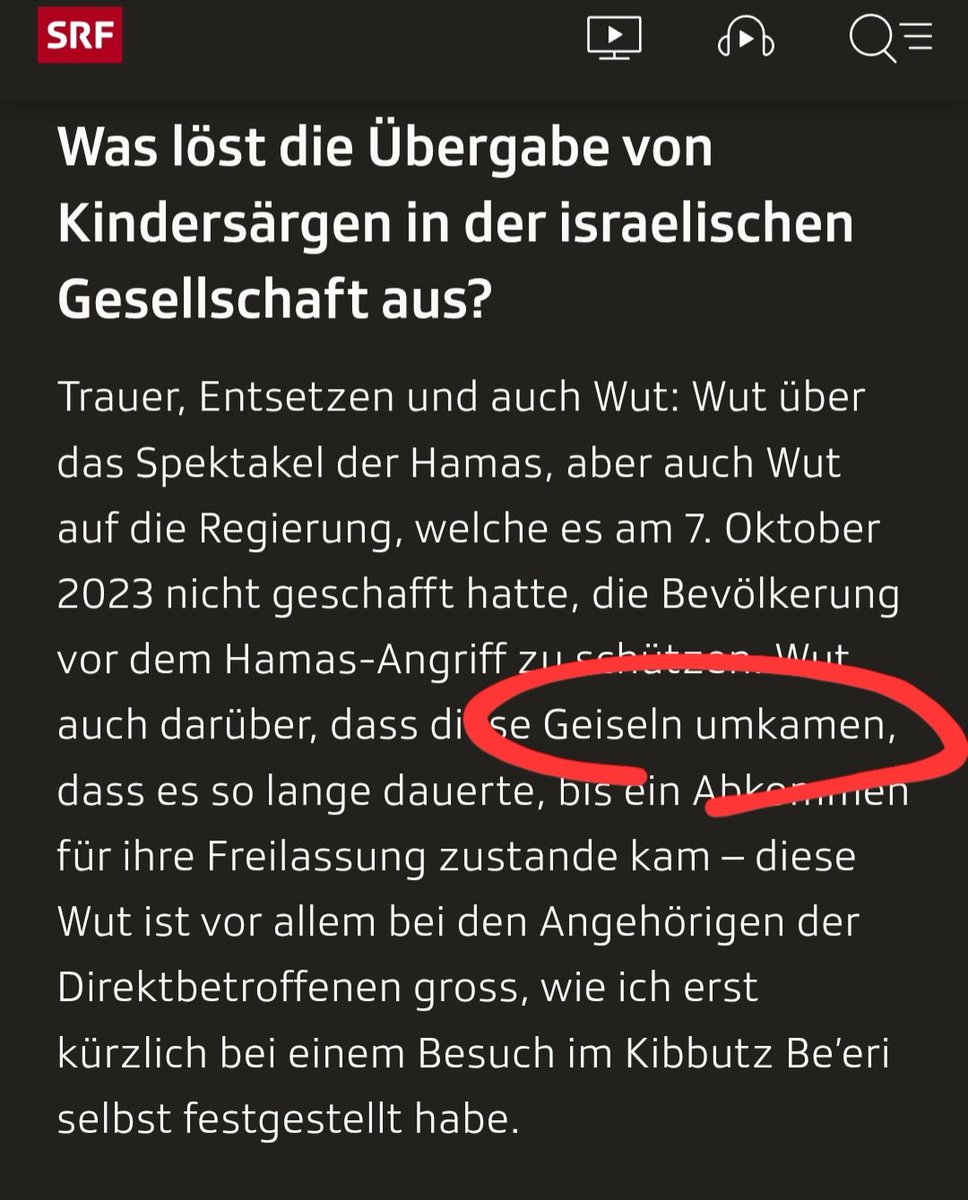 Sorry Susanne Brunner <a href="/srfnews/">SRF News</a>,  die Geiseln kamen nicht um. Diese Sprache verwendet man bei einem tragischen Unfall. Sie wurden ermordet. Die Hamas hat die Familie inkl. Kleinkind entführt und gezielt ermordet.