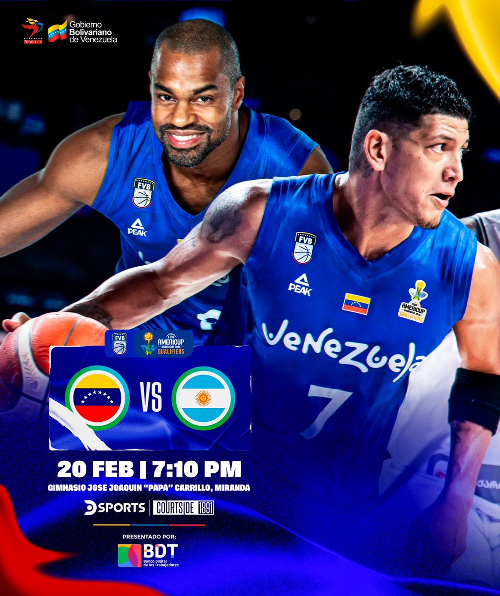 🇻🇪 ¡Juntos con nuestra selección! ¡Vamos, Venezuela!

🆚 <a href="/cabboficial/">Argentina Básquet</a> 🇦🇷 
🕐 7:10 p.m.
📍Gimnasio José Joaquín “Papá” Carrillo, Miranda. 

📺 TV: DSports (612/1612 en SimpleTV).
💻 Streaming: Courtside 1891.

🤝 Presentado por <a href="/BancoDigitalT/">Banco Digital de los Trabajadores</a>. 

#JuntosSomosMás 
#AmeriCup