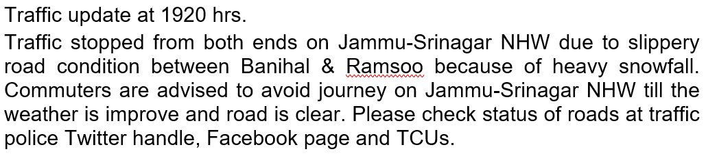 Traffic_hqrs's tweet photo. Traffic update at 1920 hrs.
@JmuKmrPolice
@JKTransportDept
@OfficeOfLGJandK
@Divcomjammu
@DivComKash
@ZPHQJammu
@igpjmu
@diprjk
@ddnews_jammu
@ddnewsSrinagar
@ddnewsladakh https://t.co/dklelbpdig