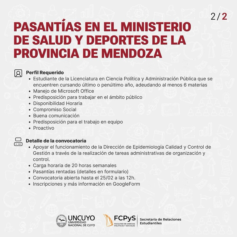 🏢 Se convoca a estudiantes (2) de la Licenciatura en Ciencia Política y Administración Pública para realizar pasantías en el Ministerio de Salud y Deportes de la Provincia de Mendoza.
👉 La convocatoria se encuentra abierta hasta el 25/02 a las 12h. forms.gle/dJSZopZjcJrf5F…