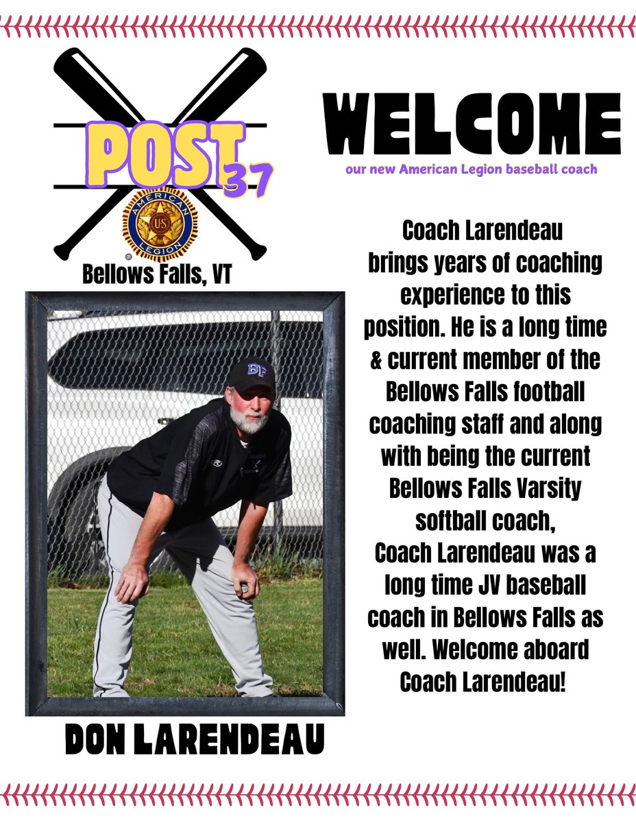 post37baseball's tweet photo. Coach Larendeau and his staff will be looking to fill the Post 37 roster with players from BFUHS, Vermont Academy, Springfield HS and FMRHS players that are interested should reach out to Coach Larendeau or Shawn Burke at 802-254-0542 https://t.co/p5qUtulKml