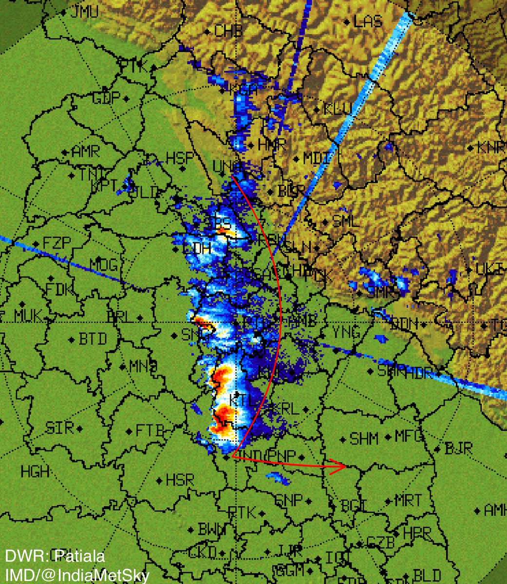 indiametsky's tweet photo. Fresh round of thunderstorms with light to moderate rains and Isolated intense rain w/ hailstorm accompanied by strong gusty winds upto 40km/h is likely to occur in C-NE #Haryana, #Panipat, #Baghpat, #Karnal, #Kaithal, #Kurukshetra, SE #Punjab, #Patiala, #SBSNagar, #Ambala, #Tricity, #Mohali, #Panchkula, #Chandigarh, #Ludhiana in next 2-3 hours
•Dust storm with winds upto 30-50km/h with embedded ISOLATED varied intensity showers are expected in NE #Delhi, #Ghaziabad, #Meerut and nearby areas 8:30/9-10 PM into 12am
#DelhiRains