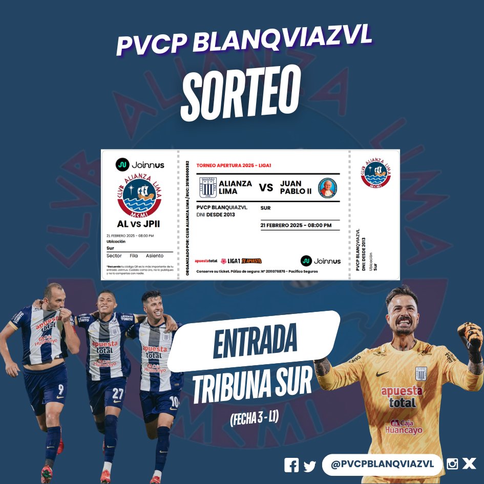 PVCP BLANQVIAZVL (@pvcpblanqviazvl) on Twitter photo 📢¡Sorteo de Entrada!🎟️
🌟PVCP BLANQVIAZVL sortea 1 entrada para tribuna SUR del Alianza Lima vs Juan Pablo II, del 21/02 a las 8 p.m.🕗
📢Participa:
1️⃣Sigue a <a href="/PvcpBlanqviazvl/">PVCP BLANQVIAZVL</a>
2️⃣RT este post
💙¡Vamos Blanquiazules!💙
#AlianzaLima #EntradaGratis #AL #Liga1 #Peru #Alianza 📢¡Sorteo de Entrada!🎟️
🌟PVCP BLANQVIAZVL sortea 1 entrada para tribuna SUR del Alianza Lima vs Juan Pablo II, del 21/02 a las 8 p.m.🕗
📢Participa:
1️⃣Sigue a <a href="/PvcpBlanqviazvl/">PVCP BLANQVIAZVL</a>
2️⃣RT este post
💙¡Vamos Blanquiazules!💙
#AlianzaLima #EntradaGratis #AL #Liga1 #Peru #Alianza