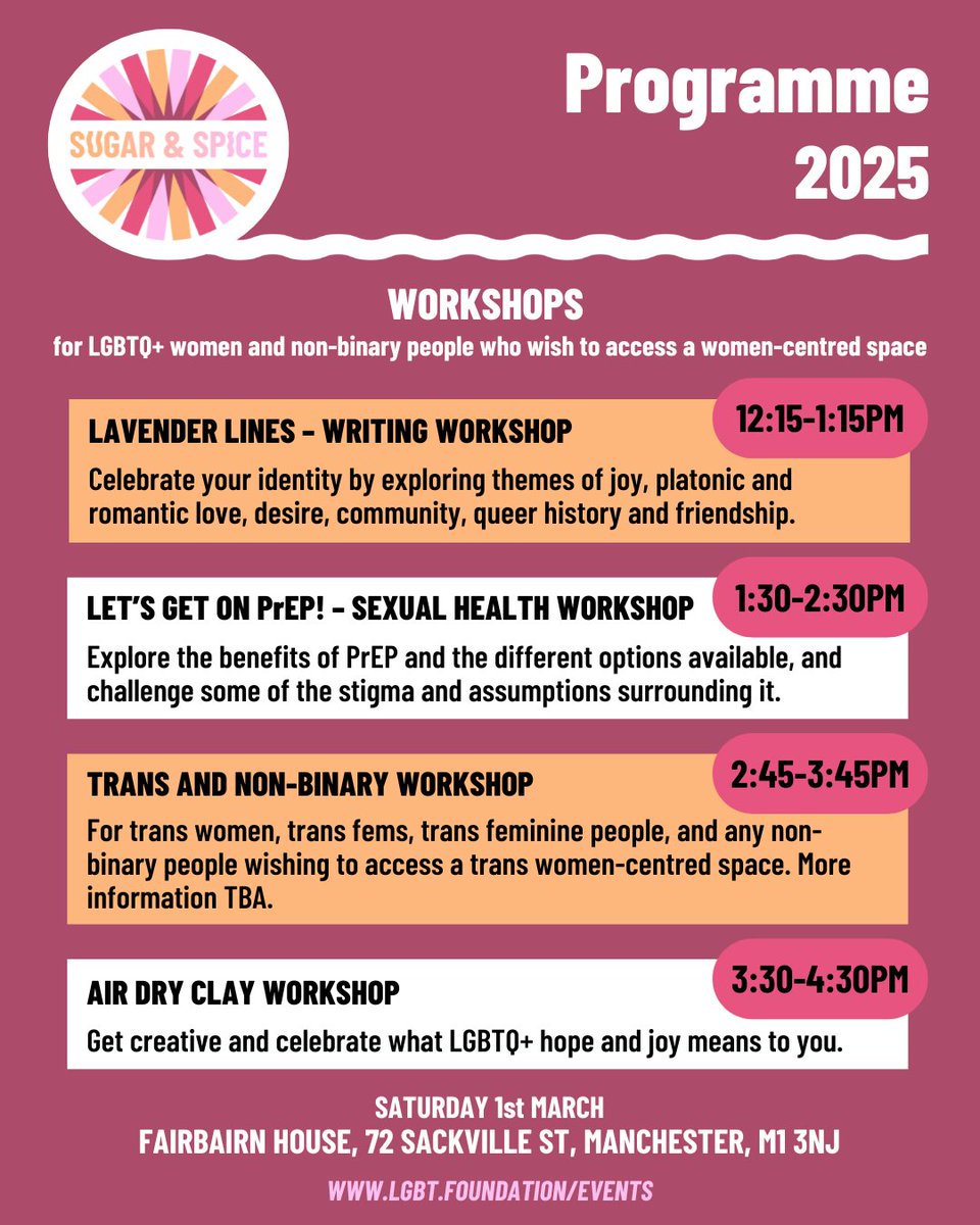 It&#39;s #WorldSocialJusticeDay, and we&#39;re raising the alarm for the challenges that LGBTQ+ women continue to face. At Sugar &amp;amp; Spice 2025, we&#39;ll work to accelerate action toward a future where we all thrive. 

lgbt.foundation/event/sugar-sp…

 #LGBTQWomen #SugarAndSpice2025 #ManchesterEvents