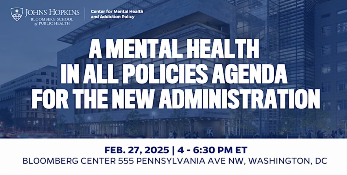 JHUBloombergCtr's tweet image. Join the @JHSPH_CMAP Thursday, Feb. 27, at #HopkinsBloombergCenter for an engaging panel discussion.

Register today for the event, “A Mental Health in All Policies Agenda for the New Administration.”
More: bit.ly/3X5VF1N