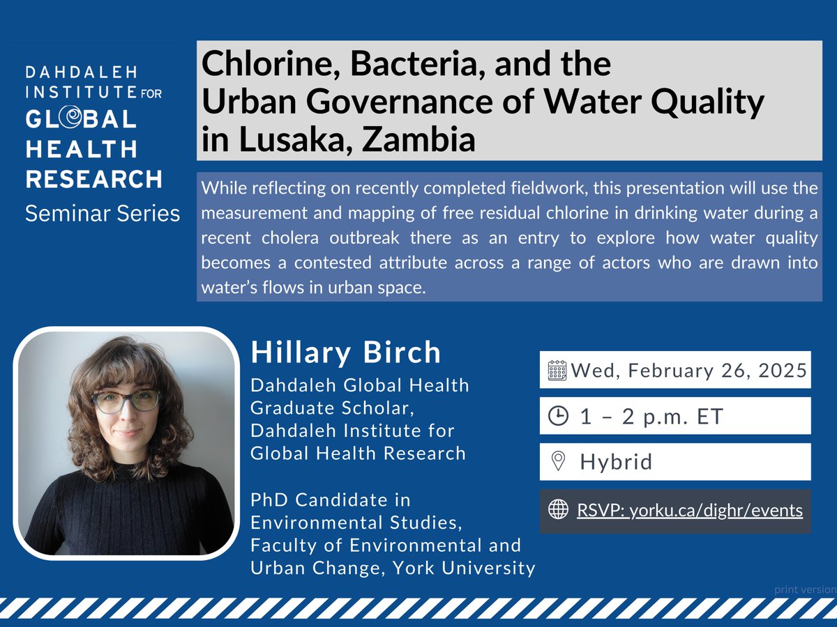 Dahdaleh Institute for Global Health Research (@dighr_yorku) on Twitter photo Join us on Wednesday, February 26 at 1:00 PM ET for Chlorine, Bacteria, and the Urban Governance of Water Quality in Lusaka, Zambia, with Hillary Birch. Learn more and register for the event here: yorku.ca/dighr/events/c⦠<a href="/hillary_birch/">Hillary Birch</a> Join us on Wednesday, February 26 at 1:00 PM ET for Chlorine, Bacteria, and the Urban Governance of Water Quality in Lusaka, Zambia, with Hillary Birch. Learn more and register for the event here: yorku.ca/dighr/events/c⦠<a href="/hillary_birch/">Hillary Birch</a>