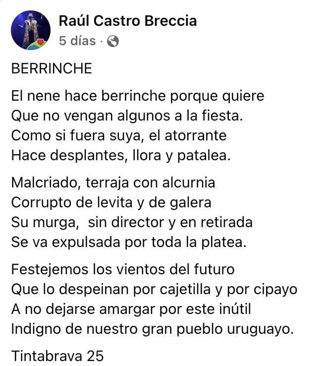 cesarsposito's tweet photo. Respuesta para el "Flaco Castro" :

El poeta dispara, tinta envenenada,
versos que insultan, razón equivocada.
Habla de "nene" y berrinche sin tregua,
¿molesta la firmeza que al tirano niega?

Luis no patalea, toma decisiones,
pa’ no invitar dictadores sobran razones.
Que Cuba y Ortega repriman sin cuento,
¿y aplaudir sus actos? ¡Ni por un momento!

Llamarlo "corrupto" sin prueba ni base,
es verso barato que poco complace.
¿Galera y levita? Burlás con desdén,
¿y aplaudís la pobreza? No se entiende bien.

Raúl, con respeto, la pluma es un arte,
pero usarla con odio solo hace parte
de quienes prefieren mirar hacia el lado,
cuando hay pueblos que sufren presos y callados.

Criticar es sano, e insultar no educa,
la libertad se defiende, no se machuca.
Luis tiene errores, ¿quién no los tendrá?
Pero callar ante dictaduras... no pasará!