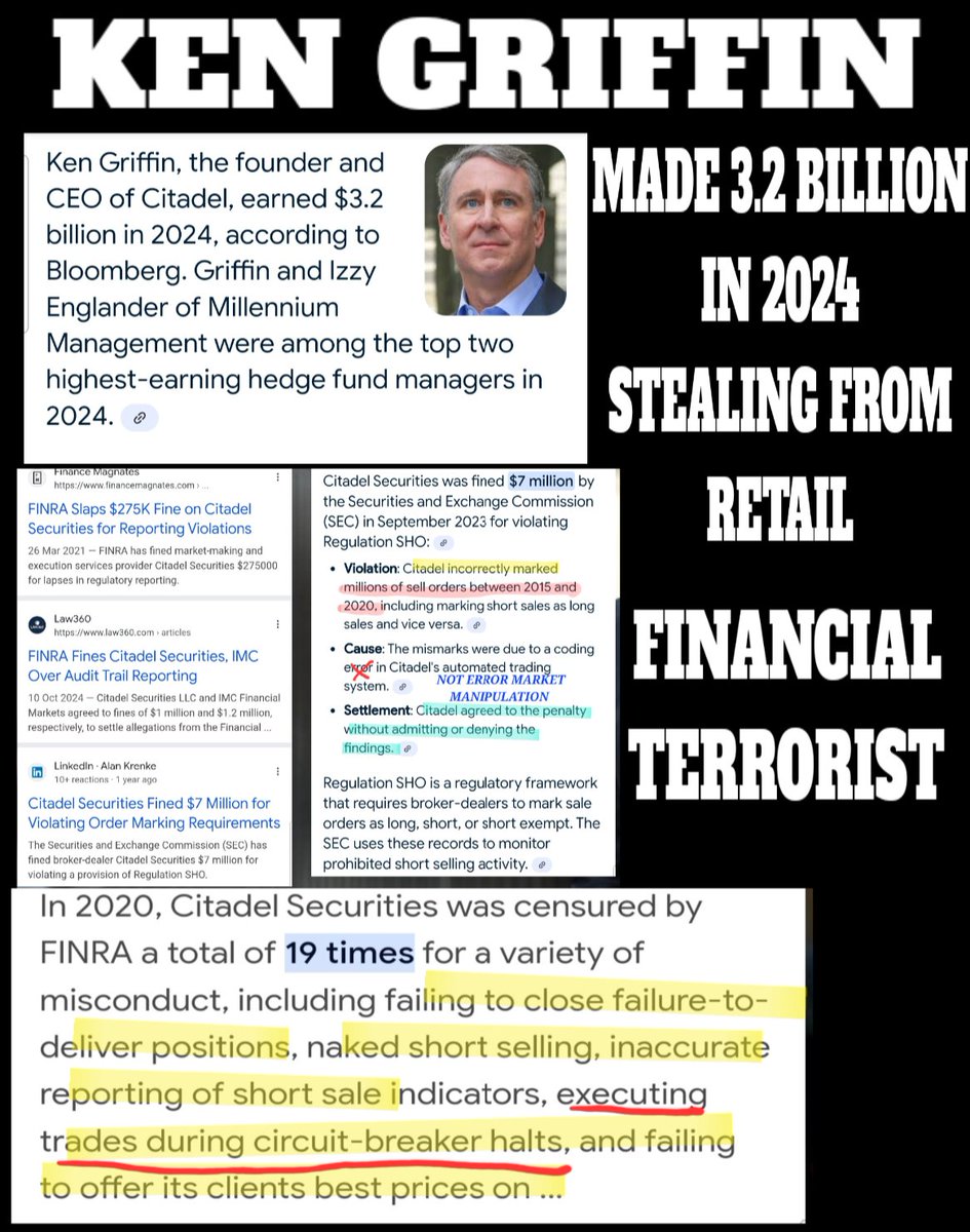 🤮 KEN GRIFFIN MADE 3.2 BILLION IN 2024 😡
That is 8.7 Million a day for 365 days. 
That was his salary. 
This wasn't due to talent but theft.
Selling securities you don't own and can't deliver or settle.
High Frequency trading renting space in the exchanges backend data centers.