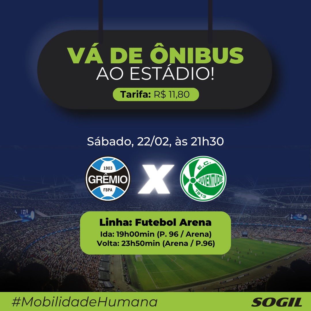 SOGIL_Oficial's tweet photo. #VáDeÔnibusAoEstádio ⚽
Sábado (22/02), a #SOGIL traz a #LinhaFutebol para os torcedores #gremistas. Quer acompanhar de perto o jogo entre #Grêmio x #Juventude?
A #SOGIL te leva! 😉
🚍 Linha: Futebol Arena
📌 Saída P. 96: 19h00min
🏟️ Saída Arena: 23h50min https://t.co/38yymTtt8u