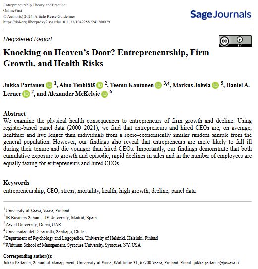 ETPjournal's tweet image. Entrepreneurship can be a path to success—but also to serious health risks.
Our research finds that while entrepreneurs live longer on average, they also face higher illness risks & premature death compared to hired CEOs. Growth AND decline take a toll.
doi.org/10.1177/104225…