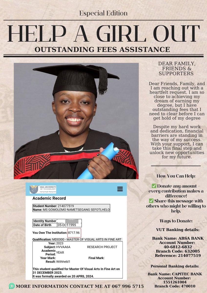 GeeSoul_95's tweet photo. #help #Ineedmydegree
@biphakathi @AndileNcube @somizi  please share https://t.co/C9230tAwMA