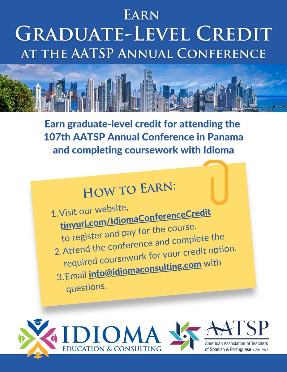 📚 Earn professional development hours or graduate credits at the AATSP Conference, thanks to our partners Idioma Education &amp; Consulting.

Learn more at the link below:

buff.ly/4hEFQr8

#aatsp25 #idioma #ProfessionalDevelopment #continuingeducation #pdhoursforteachers