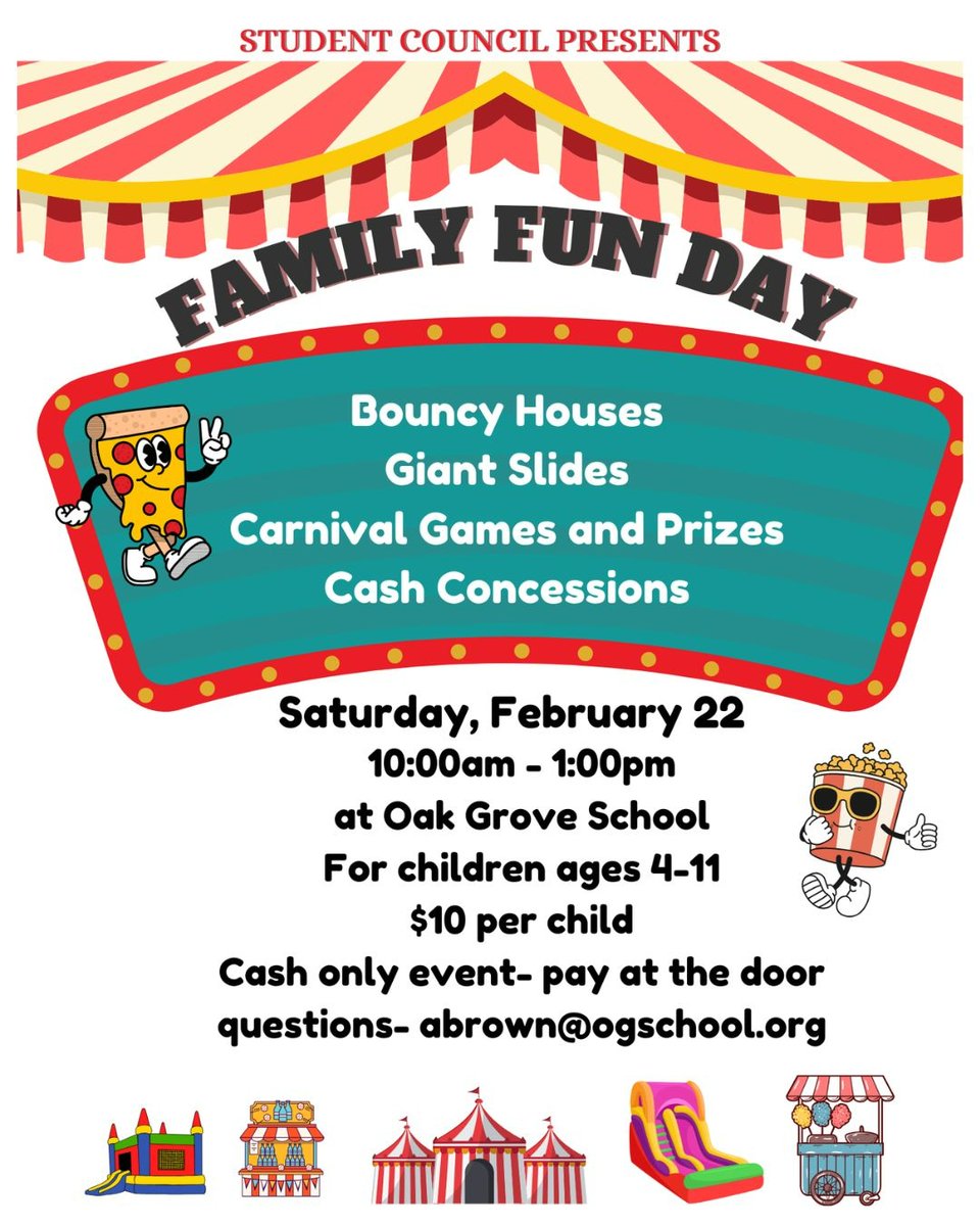 🎉 Join us on Saturday, from 10:00 AM–1:00 PM, for a day of excitement and laughter.

Cost: $10 per child (cash only, pay at the door)
Location: Oak Grove School
Questions? Email abrown@ogschool.org

#OakGrovePride #OGD68