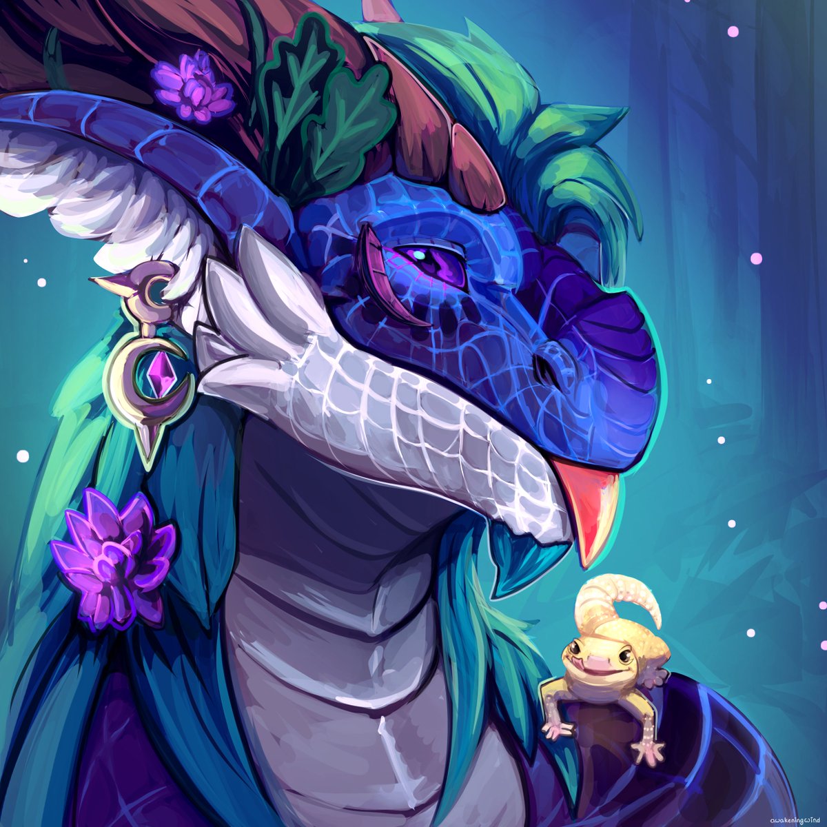 Tafima and me breathing through our noses and showing our tongues.

Thank you for the beautiful picture sweet <a href="/awakeningwind/">Awakeningwind 🐉</a>!
#Dracthyr #Loturus #wow #art