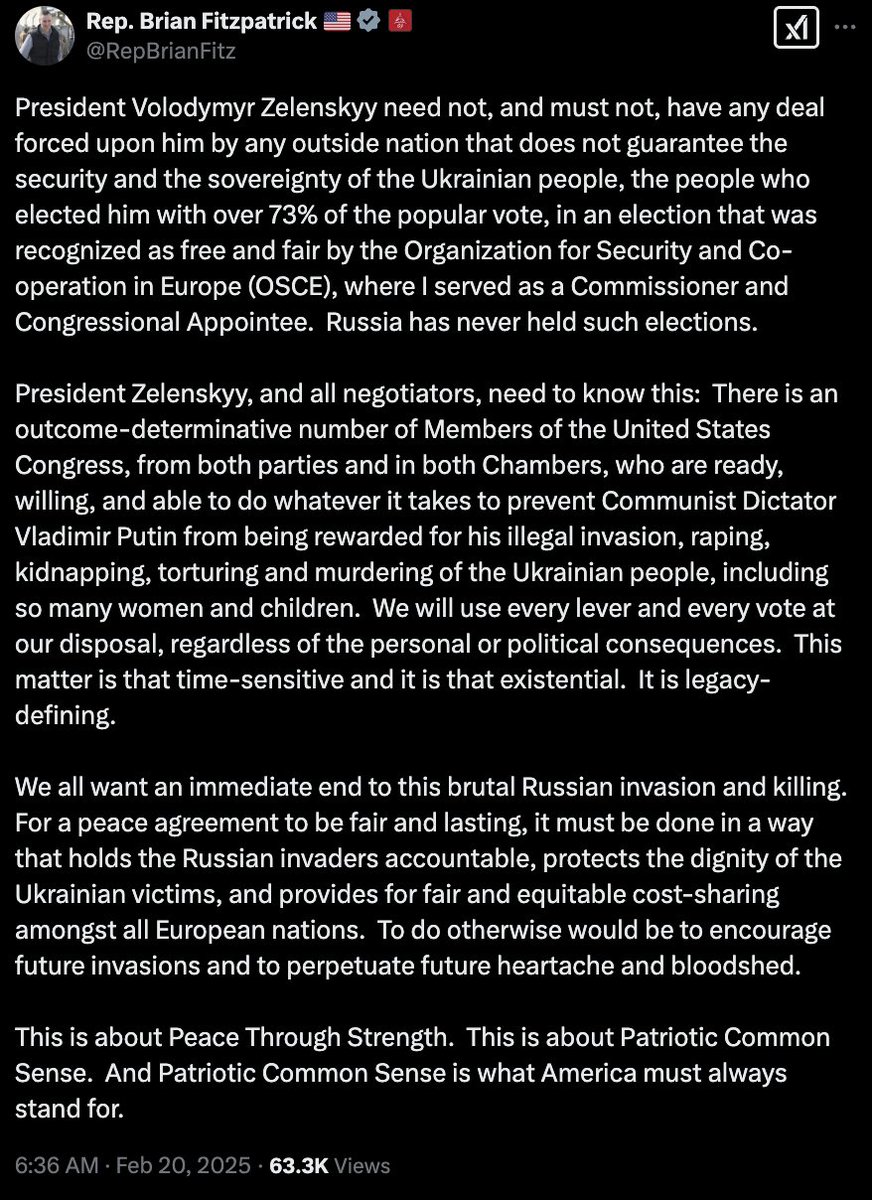 Republican Representative Brian Fitzpatrick just implied that a bipartisan majority of Congress will act if the peace deal isn't fair to Ukraine.

"We will use every lever and every vote at our disposal, regardless of the personal or political consequences."