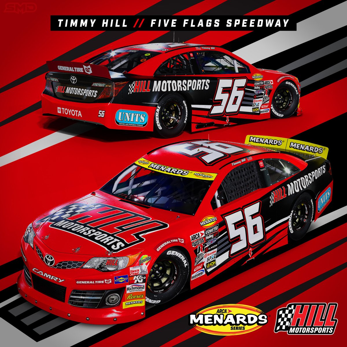 Check out our latest <a href="/ARCA_Racing/">ARCA Menards Series</a>  Series paint scheme design.  <a href="/TimmyHillRacer/">Timmy Hill</a>  is running his #56 Toyota Camry in 8 races in the EAST Series this season starting with <a href="/5FlagsSpeedway/">5 Flags Speedway</a>  🏁

<a href="/TeamHill56/">Hill Motorsports</a>  #PaintSchemeDesign  #MenardsARCA