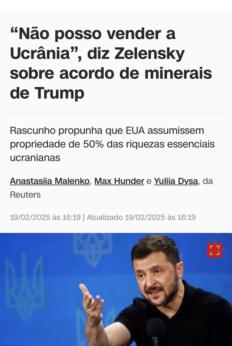 ElevaBrasilES's tweet photo. 🦅🇺🇸

Depois dos EUA empurrarem a Ucrânia em uma guerra com a Rússia até o último ucraniano, de destruir a economia do país e entregar os ativos à BlackRock, Trump quer que Zelensky assine um acordo mais vexatório do que aquele assinado pela Alemanha ao fim da 2ª GM. https://t.co/i3Nbg8DtSJ