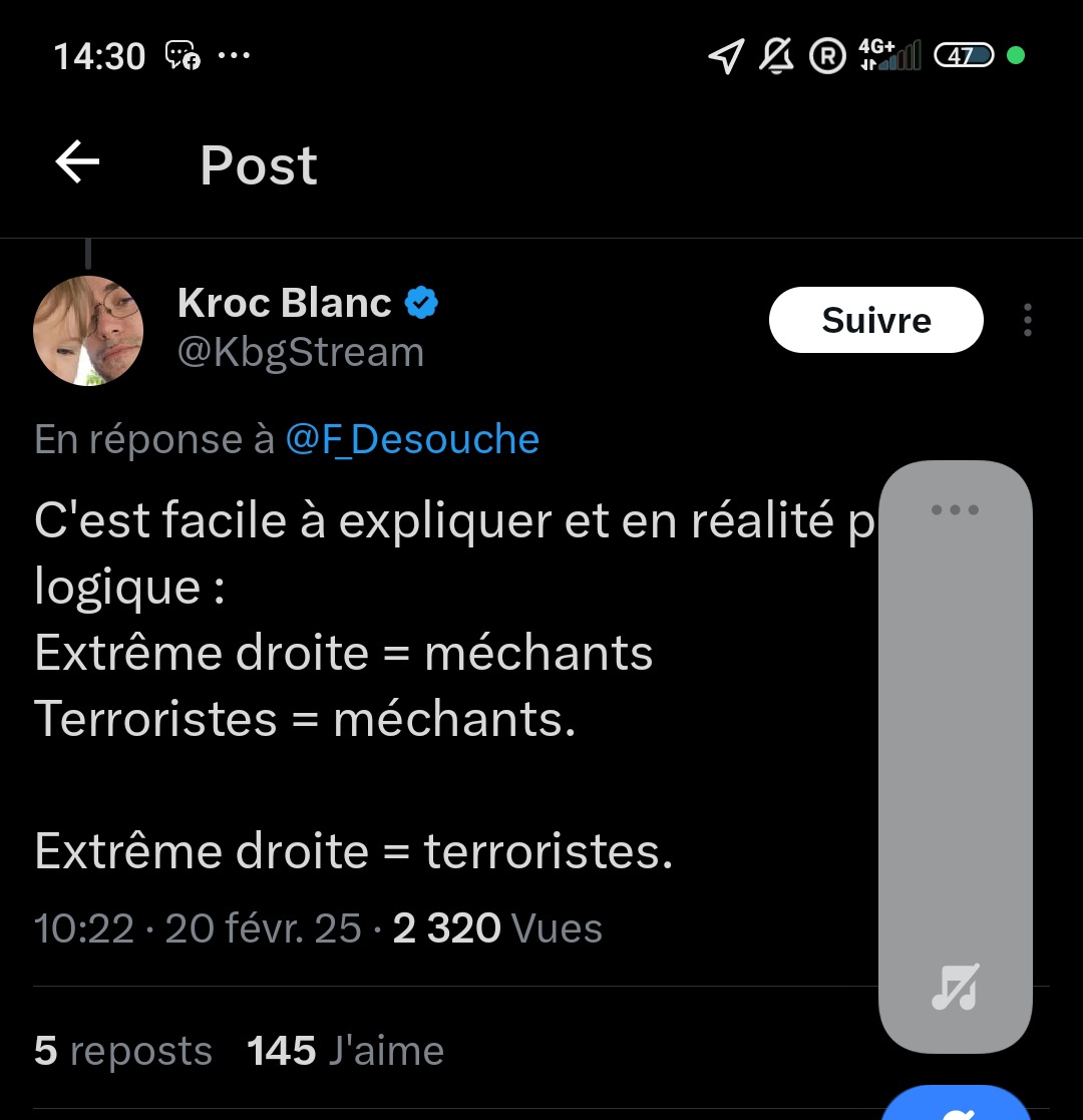 C'est comme ça que tu expliques aux mineurs la différence sale pedo 
<a href="/KbgStream/">Kroc Blanc</a> ?
Pour te la faire courte , terrorisme pratiquement tout le temps conservateur. Extrême droite conservatrice. 
Donc ? 
Ouais je sais déjà que tu es con comme une pelle sans manche...