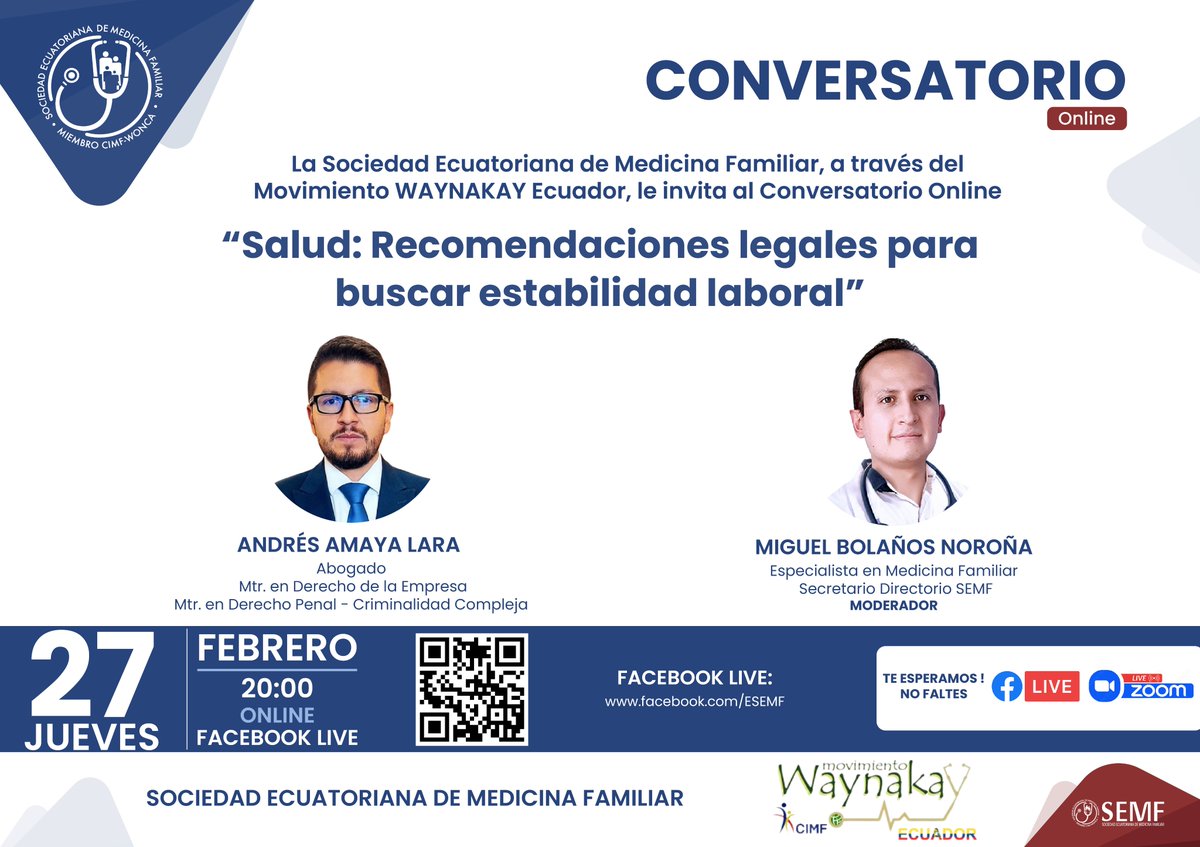 📢Estimados colegas y amigos 🎓

La SEMF y el Movimiento WAYNAKAY Ecuador, les invitan al Conversatorio: ✍️
"Salud: Recomendaciones legales para buscar estabilidad laboral" . 📚💡

🗓 Fecha: jueves 27 de febrero de 2025
📌 Hora: ⏰  20h00, Quito
💪 ¡Les esperamos!
