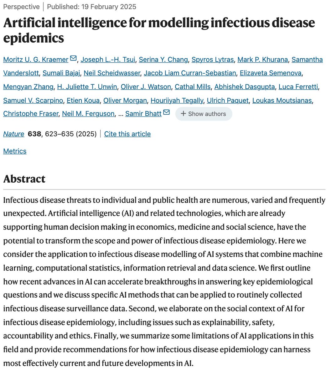 Thrilled that our perspective on AI for modeling infectious diseases - led by <a href="/MOUGK/">Moritz Kraemer</a>  and Samir Bhatt - is now published in <a href="/Nature/">nature</a> !

Paper is free to read: rdcu.be/eaxEw
