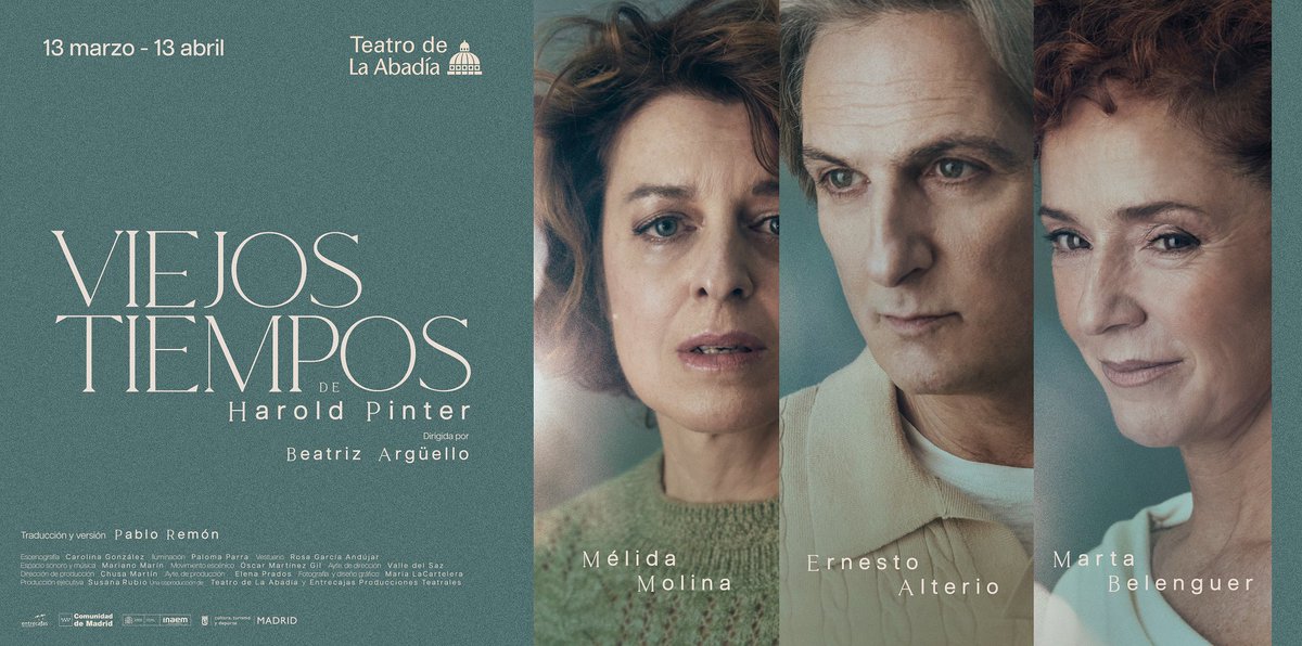 ¡Ya podemos enseñarte el nuevo cartel de VIEJOS TIEMPOS! 🙌

Beatriz Argüello dirige a Mélida Molina, <a href="/ernesto_alterio/">Ernesto Alterio</a> y <a href="/martabelenguer2/">marta belenguer</a> en esta versión de Pablo Remón de la obra del Premio Nobel Harold Pinter ✍️. 

✨Estreno el 13 de marzo ✨

🎟️teatroabadia.com/espectaculo/vi…