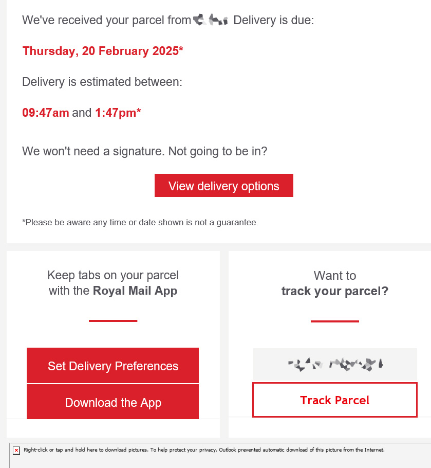 Stacker134's tweet image. Once again, crickets and tumbleweeds. Why do Royal Mail bother with this? My experience of this over the last 3 years is that it's right 20% of the time. Hermes/Evri has been on time every time in the same timeframe. #RoyalFail