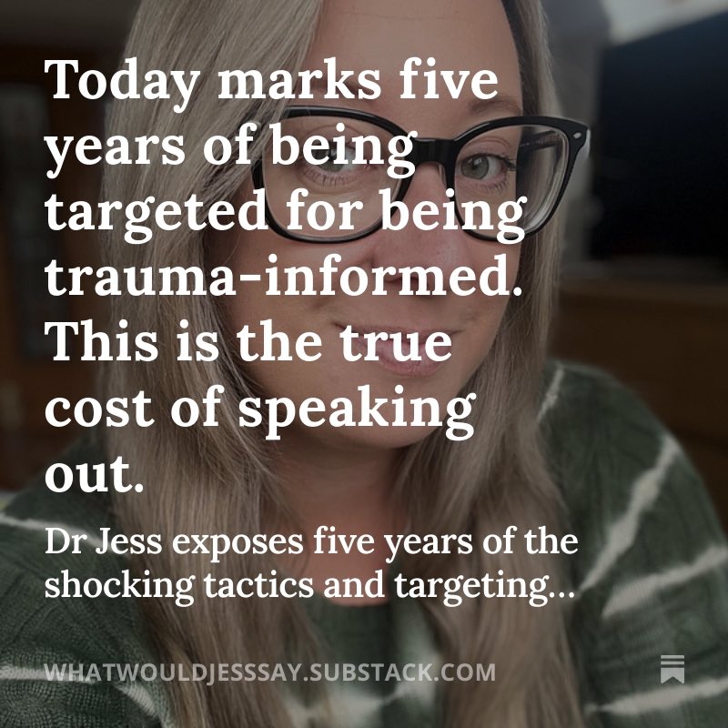 DrJessTaylor's tweet image. Today marks five years to the day that I was notified by my regulatory body that a complaint had been submitted about my trauma-informed and anti-pathology stance on mental health and human distress.

I was sat on the sofa working on my laptop when the email popped up from the…