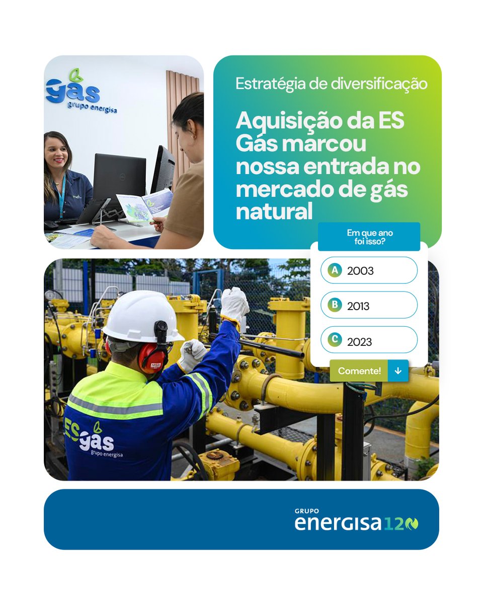 Faltam 5 dias para os nossos 120 anos! O #TBT de hoje é pra relembrar um dos passos mais recentes da nossa história: a nossa entrada no mercado de gás natural, com a aquisição da ES Gás, no Espírito Santo. 

Sabe dizer em que ano entramos no mercado de gás natural? Comenta!