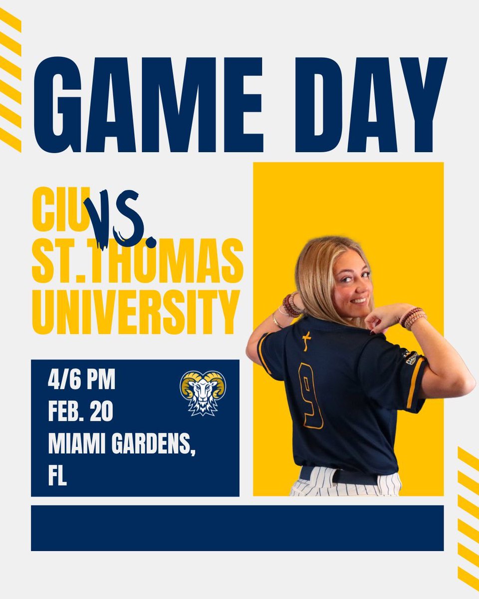 🥎GAME DAY🥎

It’s back-to-back game days for @ciuramssoftball as they take on St. Thomas University (Fla.) for a midweek contest! #RamEm

📍Miami Gardens, Fla. 
⏰4 / 6 PM
📺 bit.ly/4k50n9M
📊 bit.ly/433dhyS