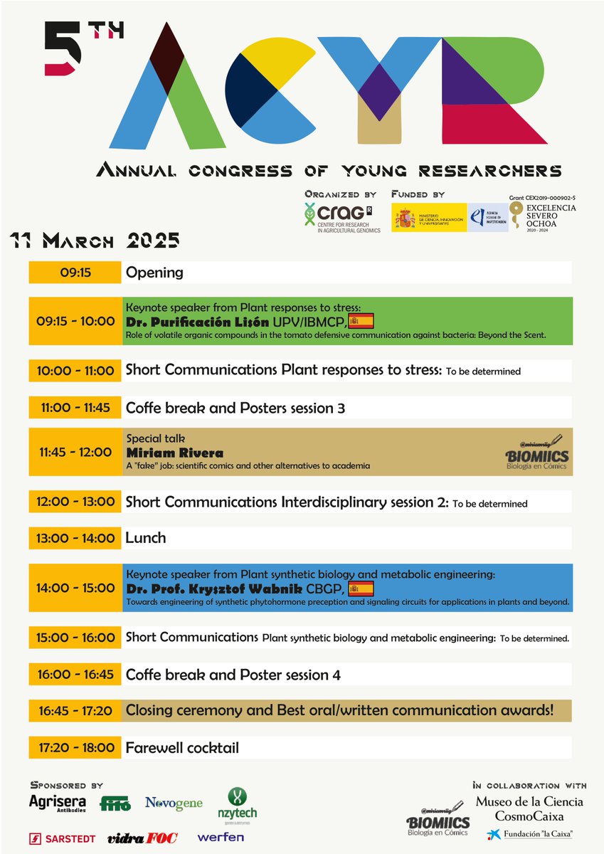 ACYR (@acyr_crag) on Twitter photo 🎊 We can finally show the program for the ACYR 2025!
Come to <a href="/cragenomica/">CRAG</a> and be part of this edition!
Special thanks to our sponsors and collaborators:
<a href="/agrisera/">Agrisera</a> <a href="/SemillasFito/">Semillas Fitó</a> <a href="/Novogene_Europe/">Novogene Europe</a> <a href="/NZYTech/">NZYtech</a>
#Sarstedt <a href="/vidrafoc/">VidraFoc</a> <a href="/WerfenOEM/">Werfen OEM</a> <a href="/CosmoCaixa/">Museo de la Ciencia CosmoCaixa</a> 🎊 We can finally show the program for the ACYR 2025!
Come to <a href="/cragenomica/">CRAG</a> and be part of this edition!
Special thanks to our sponsors and collaborators:
<a href="/agrisera/">Agrisera</a> <a href="/SemillasFito/">Semillas Fitó</a> <a href="/Novogene_Europe/">Novogene Europe</a> <a href="/NZYTech/">NZYtech</a>
#Sarstedt <a href="/vidrafoc/">VidraFoc</a> <a href="/WerfenOEM/">Werfen OEM</a> <a href="/CosmoCaixa/">Museo de la Ciencia CosmoCaixa</a>