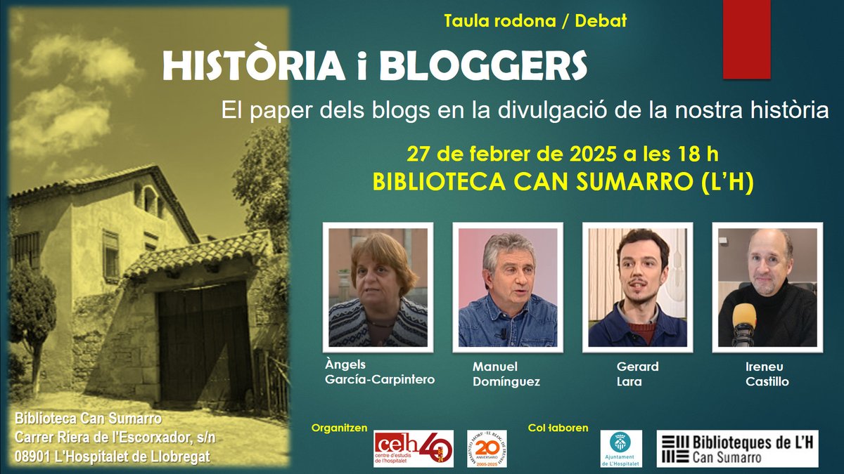 Dijous, 27 de febrer a les 18 h, coorganitzat amb <a href="/CELHOSPI/">CELH CentreEstudisLH</a>, debat sobre els blogs i el seu paper en la divulgació de la història local a <a href="/BCanSumarro/">Biblioteca Can Sumarro</a> de #LHospitalet. Participarà <a href="/joaniangels/">Angels García-Carpintero</a>, <a href="/ManuelDominLH/">Manuel Domínguez</a> , <a href="/piguillem21/">Gerardddddd🚀</a> i jo mateix. Us hi esperem! #MementoMori20  #HistoriaLH