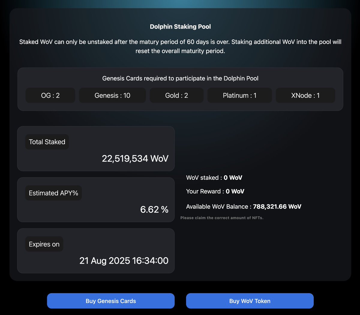 Hey WoV fam! ✌️

The <a href="/GenesisWoV/">Genesis Collection - World of V</a> Dolphin V3 Pool has been extended for another 6 months, now boasting a 720k WoV reward pool!

The new expiration date is August 21st 2025. Keep earning staking rewards with a flexible APY, currently around 6.62% 🔥

🔗 Stake your cards here: