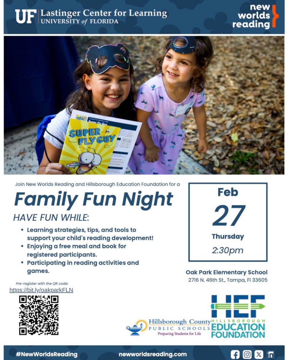📚✨ Join Us for a Family Literacy Event! ✨📚

📅 Feb. 27, 2025 | ⏰ 2:30–4:30 PM
📍 Oak Park Elementary, Tampa

Fun activities, free books &amp; the joy of reading! Don’t miss out! 

📌 Sign up: bit.ly/oakparkFLN