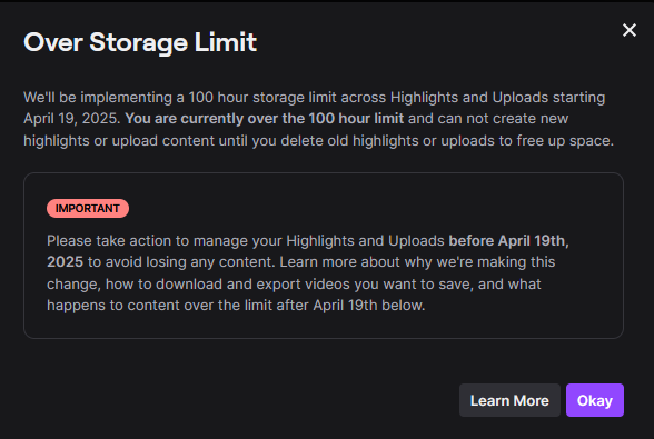 ocboomer's tweet photo. @TwitchSupport I don't think "delete old highlights or uploads" is a way to "to avoid losing any content". And now I have to get some jank way to download my recent vods I haven't highlighted yet, because I'm not allowed to do that anymore either. 🖕 https://t.co/FuWhGssrZY