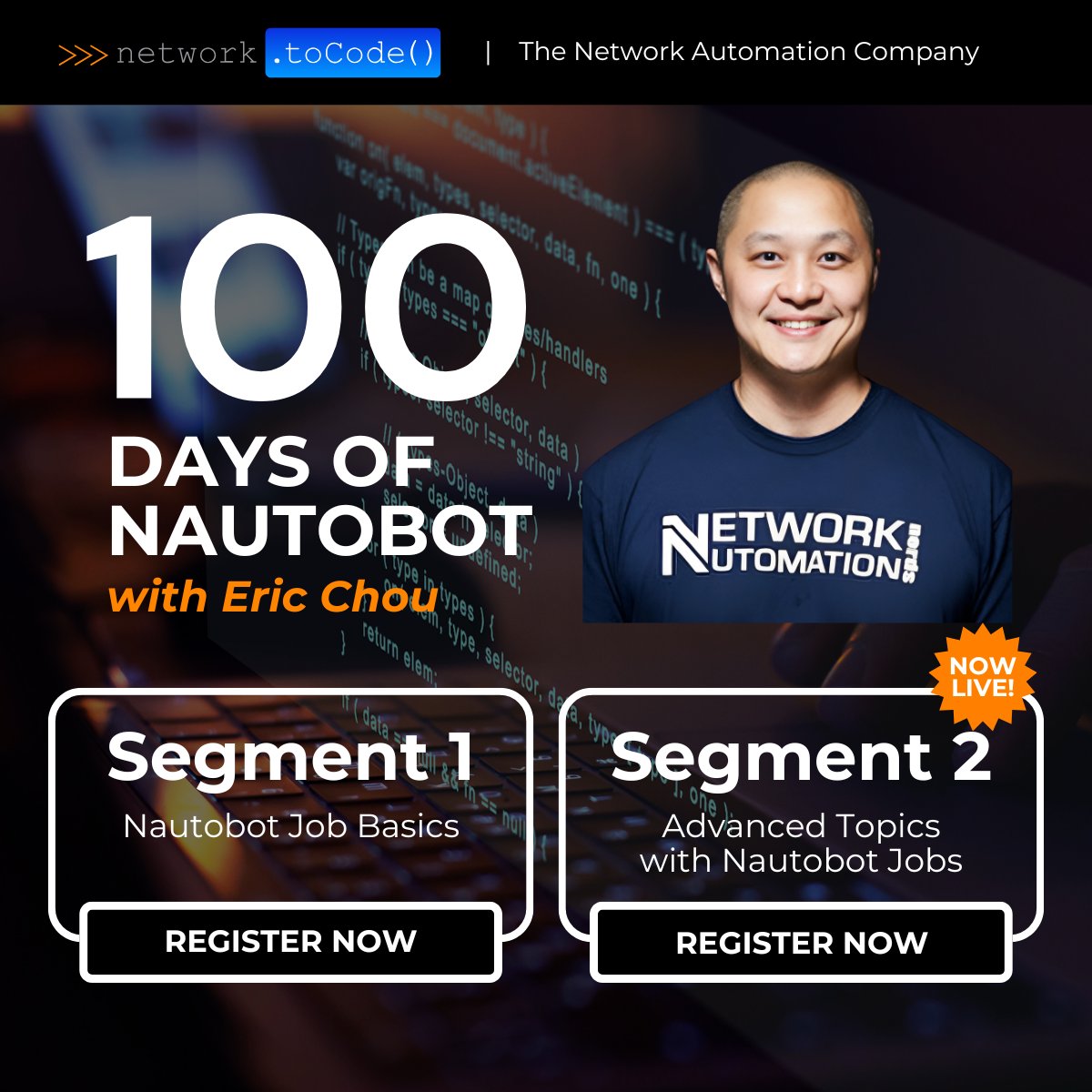 Segment 2 of #100DaysofNautobot with Eric Chou is here! 🎉

The response to this program has been incredible! With the initial cohort completing Segment 1, Segment 2: Advanced Topics with Nautobot Jobs is now live!

Choose your path today: hubs.ly/Q037x0FL0