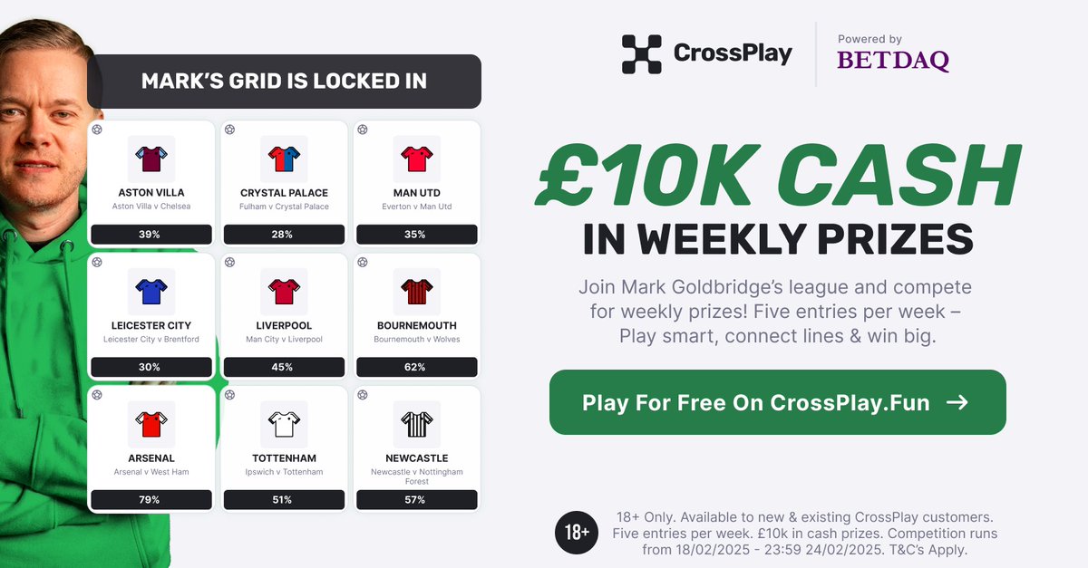 The United Stand (@unitedstandmufc) on Twitter photo Right, <a href="/markgoldbridge/">Mark Goldbridge</a>'s CrossPlay picks are locked in! But has he absolutely nailed it, or is this going to be a disaster-class? π€
Think you can do better? Join the league and prove it β crossplay.fun
#Ad 18+ | GambleAware Right, <a href="/markgoldbridge/">Mark Goldbridge</a>'s CrossPlay picks are locked in! But has he absolutely nailed it, or is this going to be a disaster-class? π€
Think you can do better? Join the league and prove it β crossplay.fun
#Ad 18+ | GambleAware
