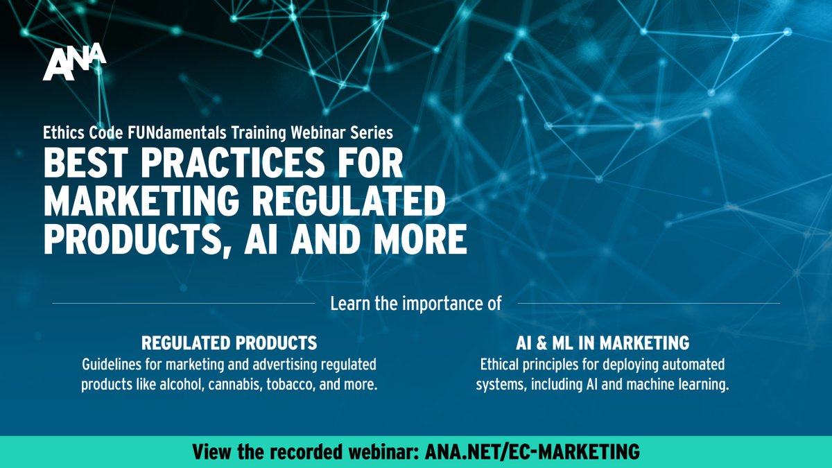 View our exclusive webinar training session for best practices in regulated product marketing and ethical considerations for leverage cutting-edge technologies like AI and ML in your marketing campaigns! ana.net/EC-MARKETING ​
🌿 Cannabis | 🏥 Health | 🎁 Sweepstakes | 🤖 AI