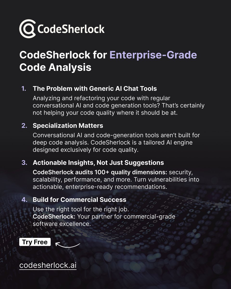 codesherlockai's tweet image. Generic AI chatbots won’t cut it for serious code analysis.
CodeSherlock goes beyond suggestions—it audits 100+ quality dimensions, providing actionable, enterprise-ready recommendations.
The right tool for commercial-grade software. Try it today.
#CodeSherlock  #AIforDevelopers