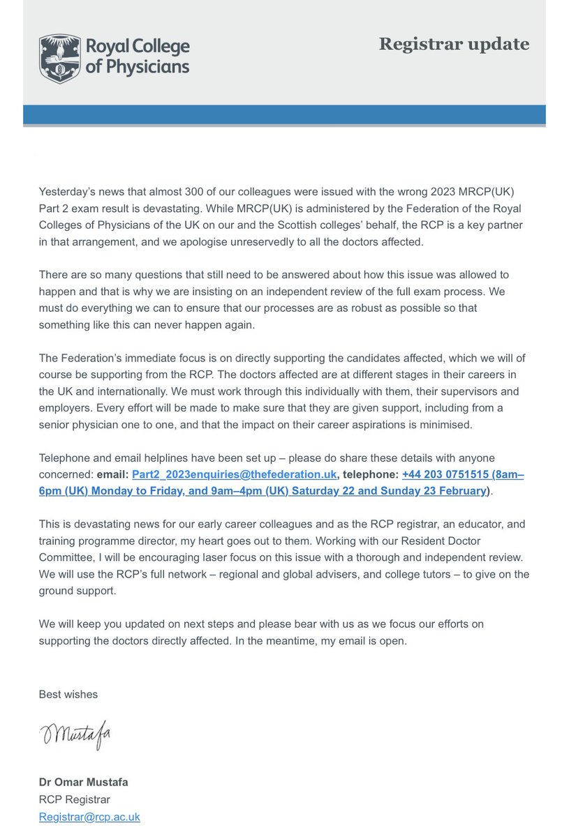 This is devastating indeed. If you find yourself caught up in this, please do get in touch-via the e-mail address, helpline,or with me personally. I am here to support you in any way I can during this extremely unsettling time. #CollegeTutors #AssociateCollegeTutors <a href="/RCPhysicians/">Royal College of Physicians</a>