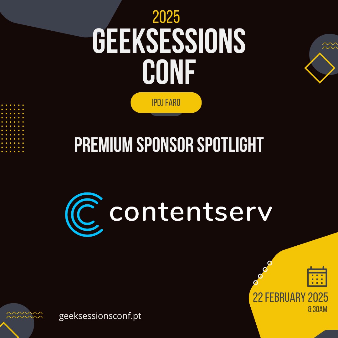GeekSessionsFAO's tweet image. Drumrollβ¦ π₯ For our premium sponsors! πβ¨ Contentserv, Naviu, and Algarve Evolution! π¬π
π You'll be able to find out more about our premium sponsors at the conference ππ€
π Have you checked the agenda? π geeksessionsconf.pt π 22nd February π