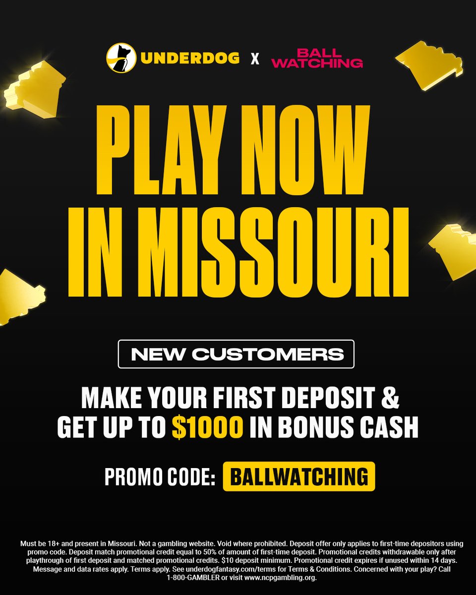 BallWatchingSTL's tweet image. We have partnered with @UnderdogFantasy for 2025! Operating in 35+ states including here in MO, Underdog is THE place to play if you’re a fan looking to cash in on all your favorite athletes’ performances. Sign up now for your free pick and an incredible bonus cash offer!