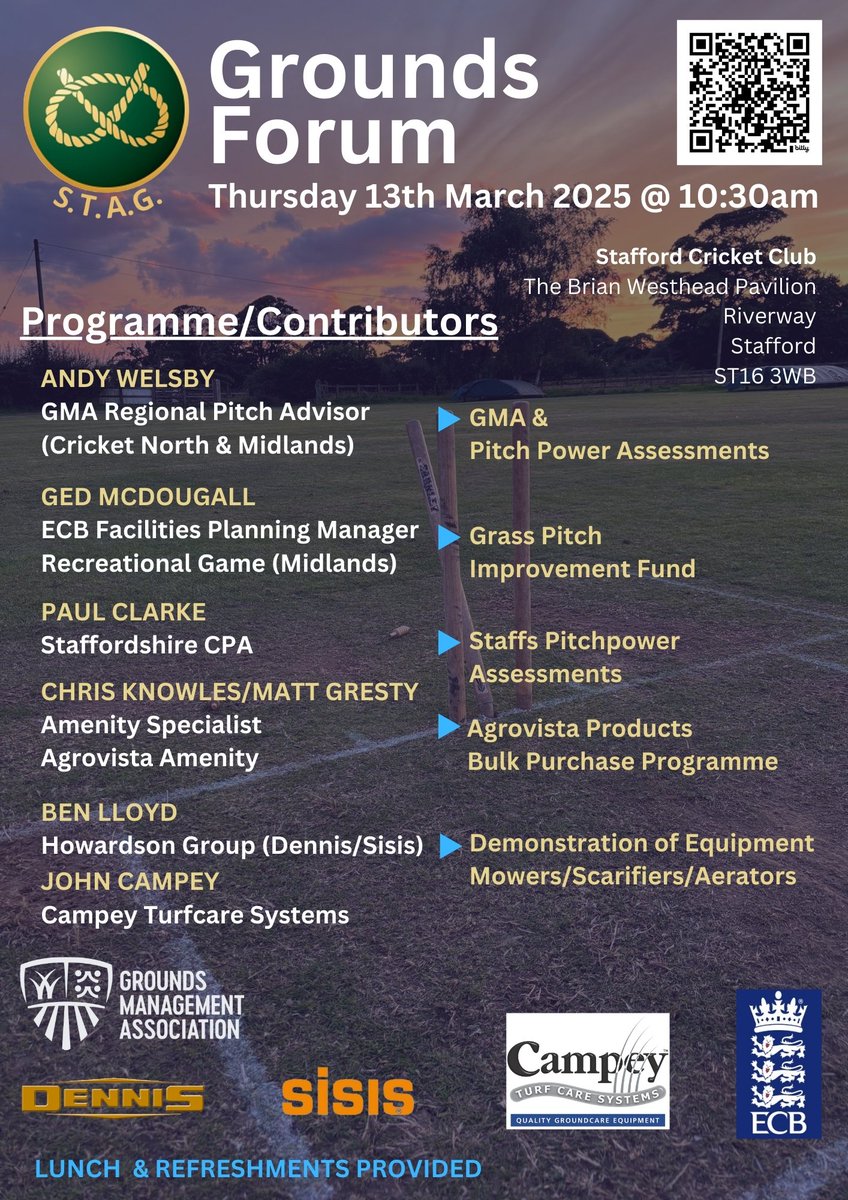 DennisMowers's tweet photo. Cricket grounds teams, this one's for you! 🏏

We’ll be at Stafford Cricket Club on March 13th for the Staffordshire Grounds Forum to discuss all things cricket pitch maintenance https://t.co/JeKXLW2KYP