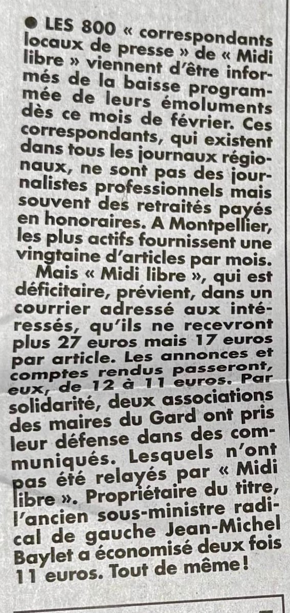 Le Canard Enchaîné toujours bien informé. Que serait la PQR sans ses correspondants payés au lance pierre ? On va le savoir bientôt.
#pqr #presse