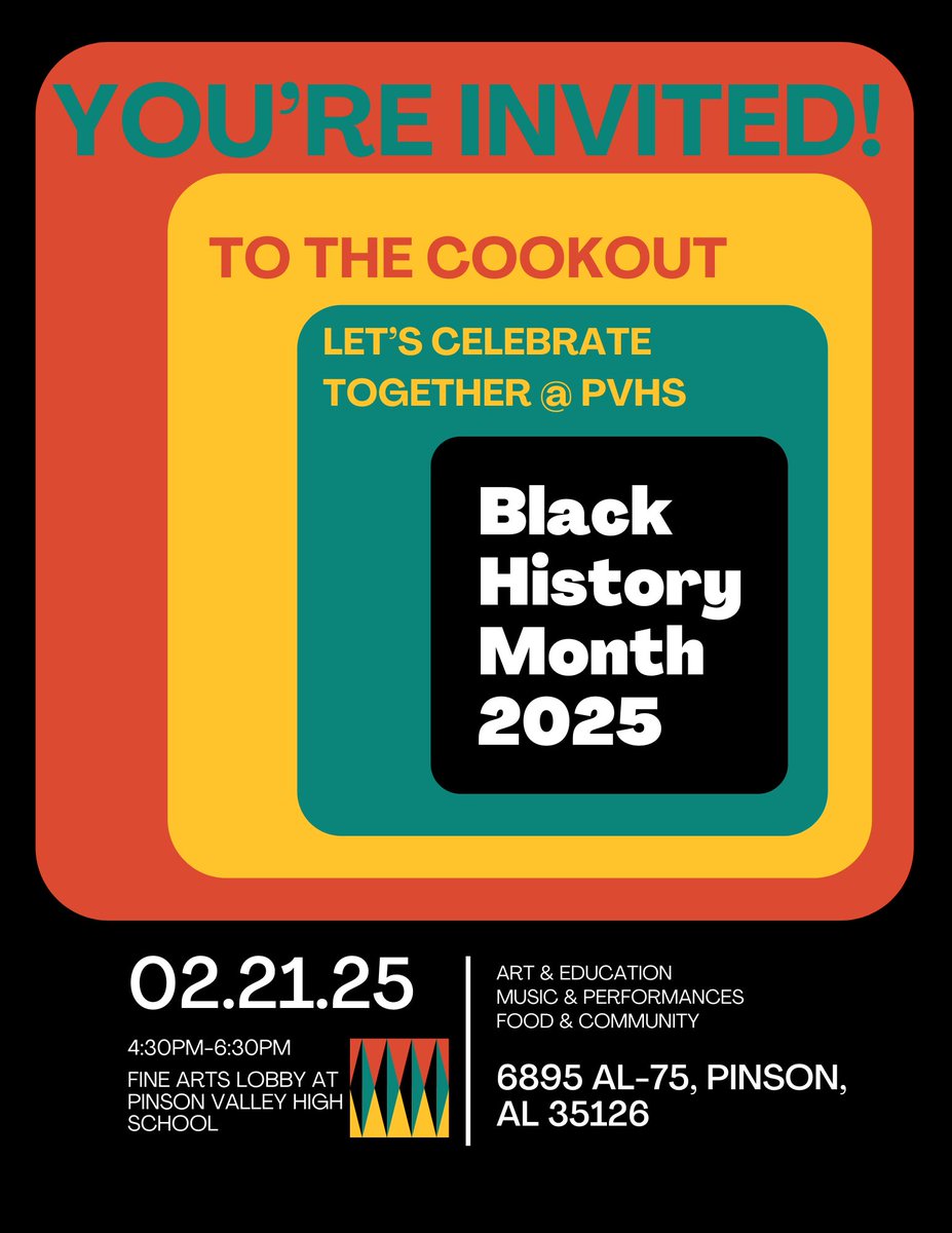 Pinson Valley High School (@pvhigh) on Twitter photo You're invited so come and celebrate Black History Month tomorrow at The Cookout! Due to the weather all festivities have been moved to the non-competition gym. We look forward to celebrating with you!
#TheCookout2025PVHS #BHMPVHS #YoureInvitedPVHS
<a href="/JEFCOED/">Jefferson County Schools</a> You're invited so come and celebrate Black History Month tomorrow at The Cookout! Due to the weather all festivities have been moved to the non-competition gym. We look forward to celebrating with you!
#TheCookout2025PVHS #BHMPVHS #YoureInvitedPVHS
<a href="/JEFCOED/">Jefferson County Schools</a>
