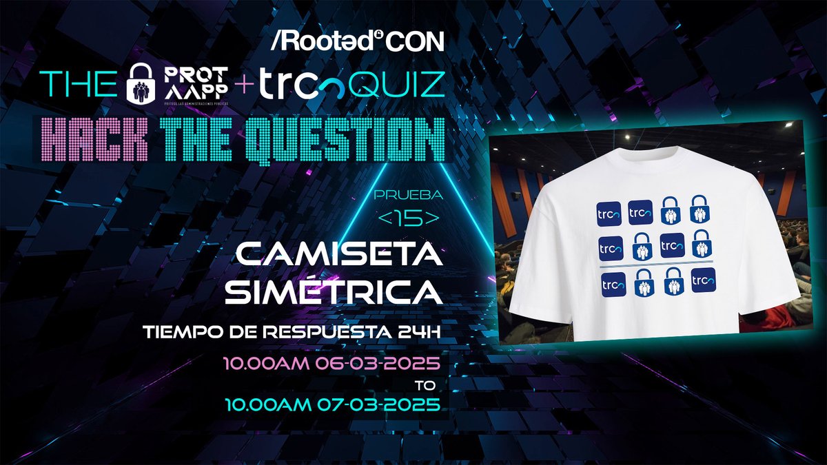 Emilio (@emilio_rr) on Twitter photo #HackTheQuestion Reto 15
Mi camiseta muestra un concepto de criptografía simétrica. Averigua otra cosa y podrás descifrar el mensaje:
MzEwZTU5NTExZDA4MDYxOTBhNTIxNjUzMDQ0ZTQzMGQwYzQ5MDAwNDE4MDA=
Participa y contesta aquí: forms.office.com/e/D1fkbCp1ZH
<a href="/ProtAAPP/">ProtAAPP - Protege las AAPP</a>, @RootedCON, #TRC #HackTheQuestion Reto 15
Mi camiseta muestra un concepto de criptografía simétrica. Averigua otra cosa y podrás descifrar el mensaje:
MzEwZTU5NTExZDA4MDYxOTBhNTIxNjUzMDQ0ZTQzMGQwYzQ5MDAwNDE4MDA=
Participa y contesta aquí: forms.office.com/e/D1fkbCp1ZH
<a href="/ProtAAPP/">ProtAAPP - Protege las AAPP</a>, @RootedCON, #TRC
