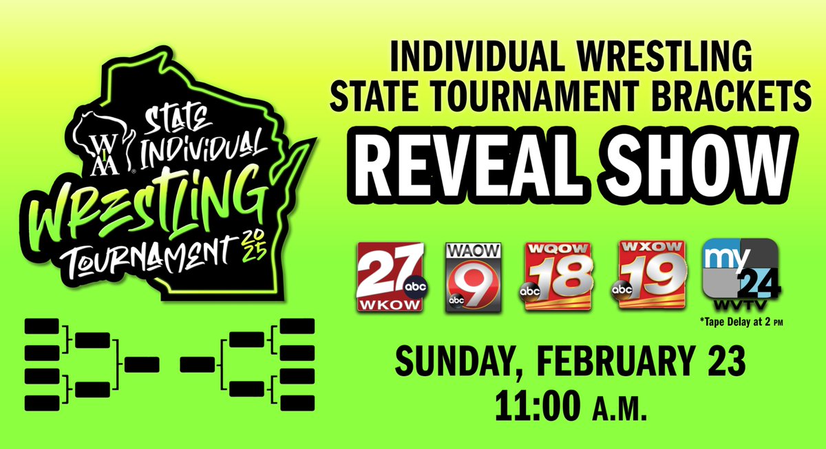 Tune in on Sunday at 11 a.m. for the first look at this year's WIAA Boys &amp; Girls Individual Wrestling State Tournament brackets! 🤼‍♀️🤼‍♂️

We'll be live on TV on <a href="/WKOW/">WKOW 27 News</a>-Madison, <a href="/WXOW/">WXOW 19 News</a>-La Crosse, <a href="/WQOW/">WQOW 18 News</a>-Eau Claire, <a href="/WAOW/">News 9 WAOW</a>-Wausau and tape delayed at 2 p.m. on My24 WVTV-Milwaukee or live
