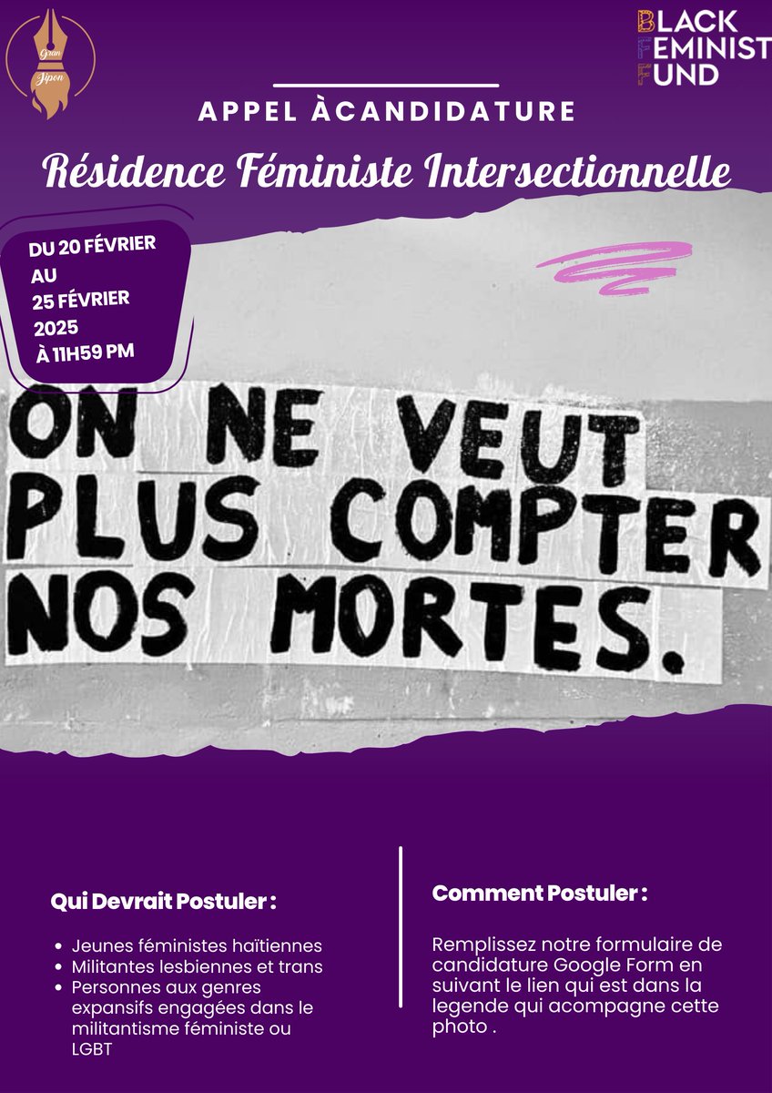 🌟🏳️‍🌈   Postuler pour notre Résidence Féministe Intersectionnelle en Haïti !  Remplissez le formulaire ici ➡️ docs.google.com/forms/d/e/1FAI… Date limite : 20 février au 25 mars 2024, 11h59 (heure locale d'Haïti).  Ne tardez plus ,On vous attend! #Féminisme #Haïti