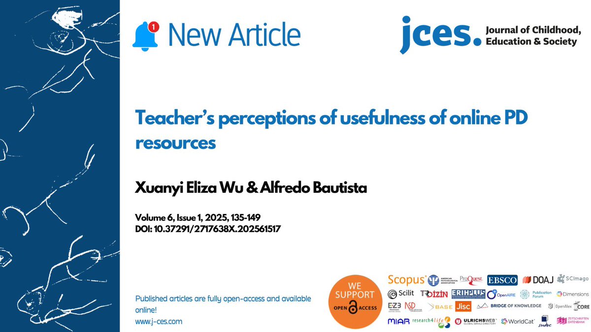 📄New Article

📌 Teacher’s perceptions of usefulness of online PD resources

✒️by Xuanyi Eliza Wu &amp; Alfredo Bautista

🔗 doi.org/10.37291/27176…  

#earlychildhood #childhood #education #children #earlyyears #EducationForAll