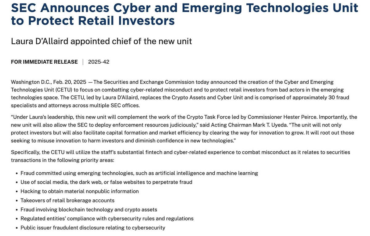 The SEC renamed its Division of Enforcement’s Crypto Assets and Cyber Unit (CACU) to the Cyber and Emerging Technologies Unit (CETU).

This seems like a more reasonable approach.

I imagine they will soon come up with guidelines for companies to operate under