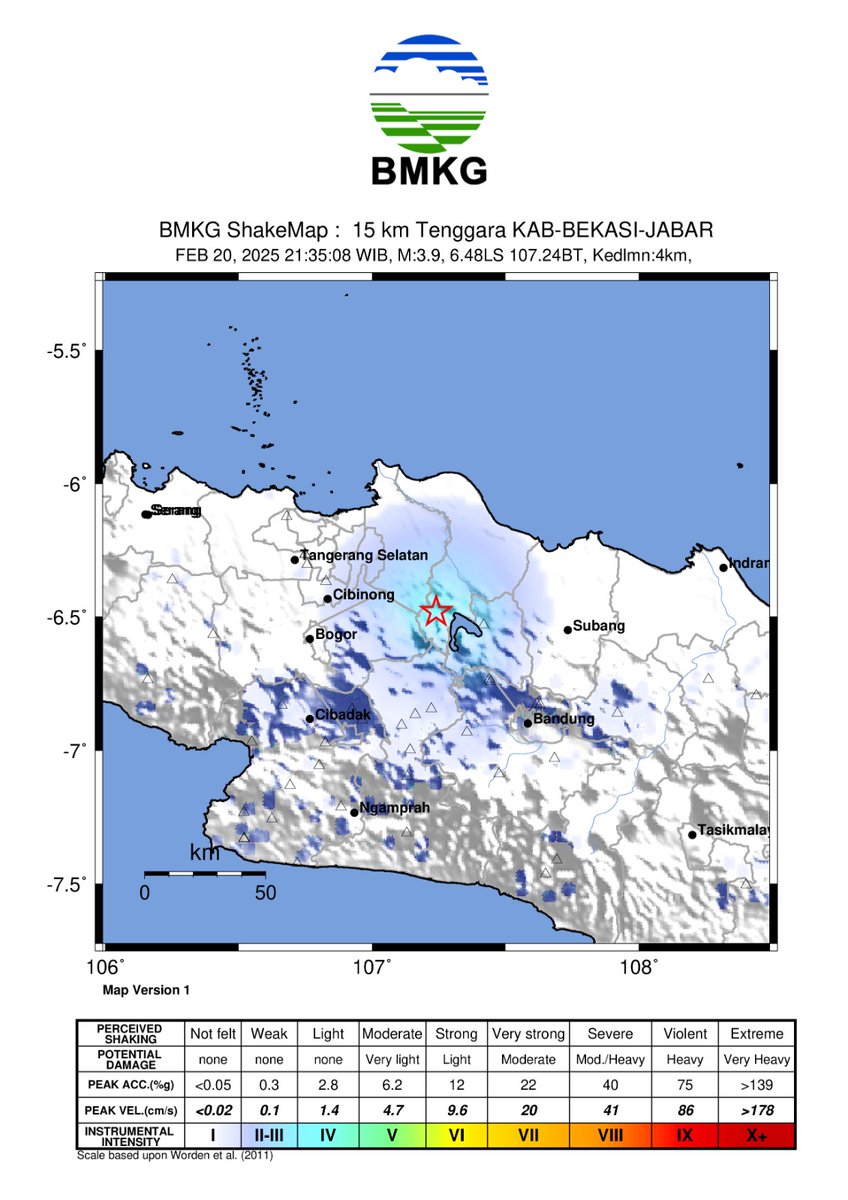 Java Back-Arc Thrust:  Kamis, 20 Feb 2025 pukul 21:35:08 WIB, Purwakarta, Karawang Bekasi dan sekitarnya diguncang gempab M3,8. Episenter di darat  14 km Tenggara KAB-BEKASI kedalaman 4 km dirasakan  di Purwakarta, Karawang, Bekasi Intensitas II - III MMI.